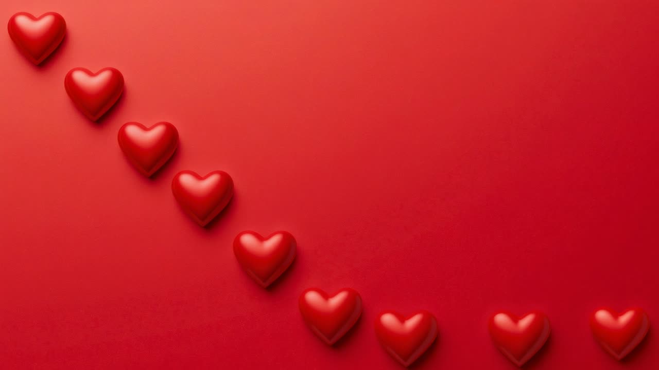 Aggiunta di token a forma di cuore, sequenza di fotogrammi che crea una catena diagonale su uno sfondo con gradiente rosso