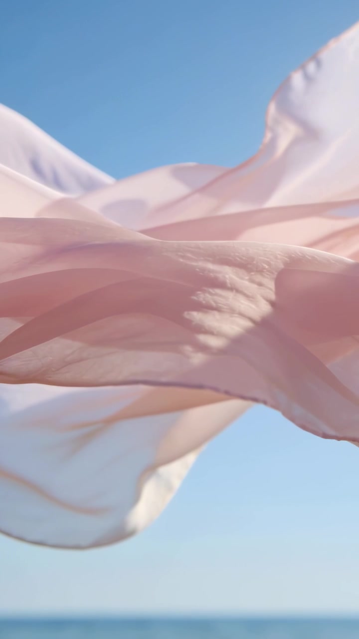 Vidéo verticale : Légère brise soulevant un tissu rose pâle transparent balayant l'horizon marin, montrant un ciel clair