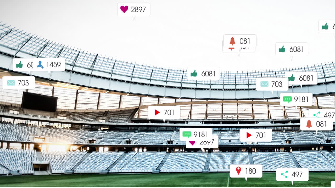 스포츠 경기장과 파란 하늘을 배경으로 떠다니는 소셜 미디어 아이콘의 애니메이션