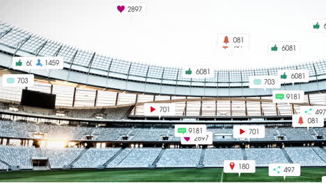 animation of social media icons floating against sports stadium and blue sky