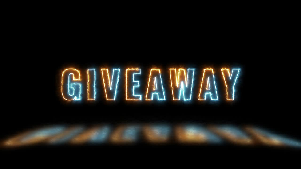 검은색 배경에 오렌지색과 파란색 빛과 반사와 함께 'giveaway'를 쓰는 은 선, 연속 루프를 가진 간단한 애니메이션 타이포그래피, 4k 타이포그라피를 가진 모션 그래픽