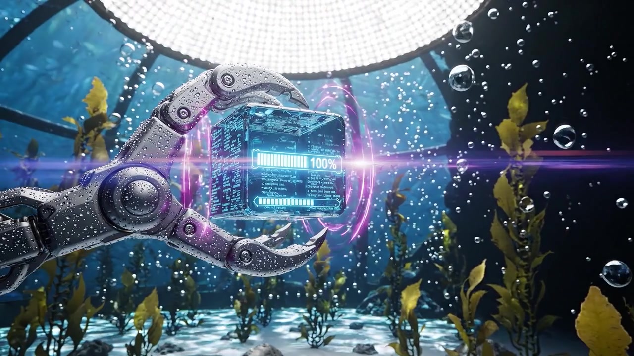A futuristic robotic arm retrieves a data cube from an underwater environment, surrounded by bubbles and aquatic vegetation, highlighting advanced technology and exploration.