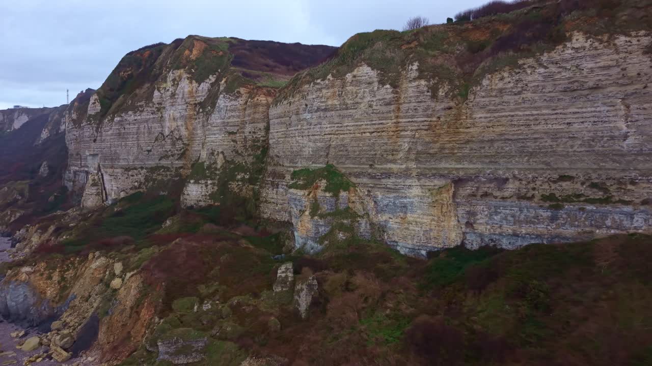 Chalk cliffs on the coast of Normandy at Saint-Jouin-Bruneval, France. Aerial drone