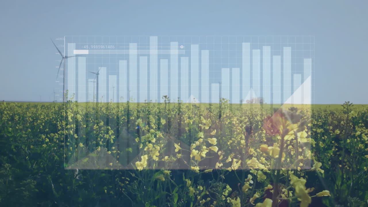 시골의 풍력 터빈 필드에서 금융 데이터 처리의 애니메이션
