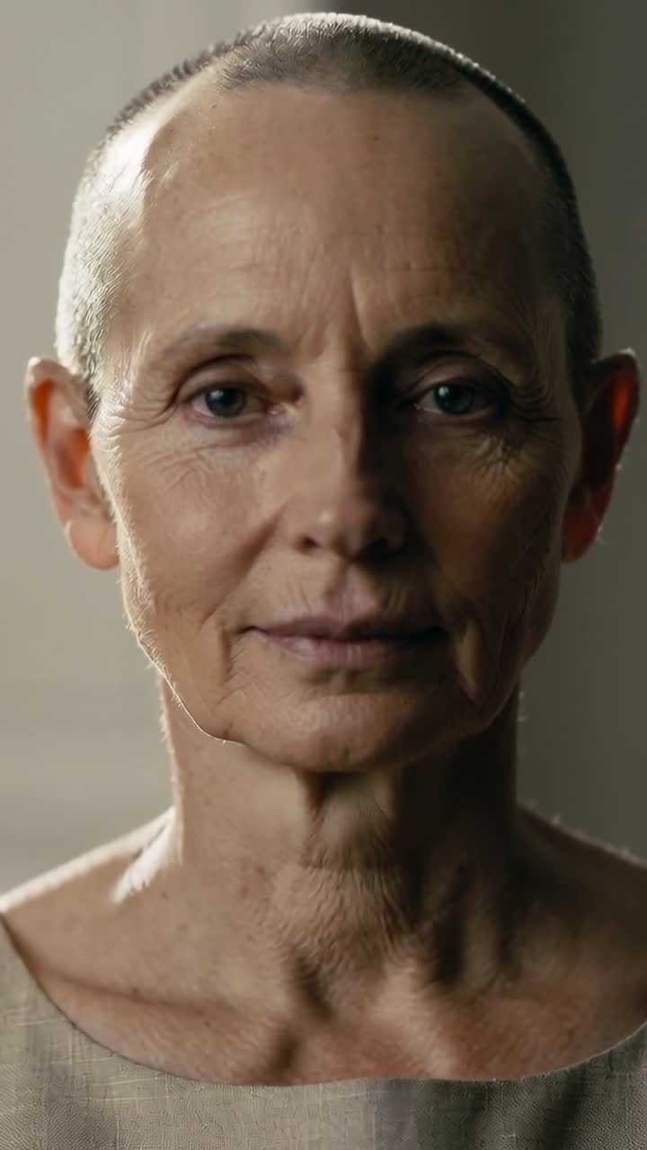 Video verticale: Donna anziana sorridente, che inclina la testa, in studio per un ritratto, con un top beige.