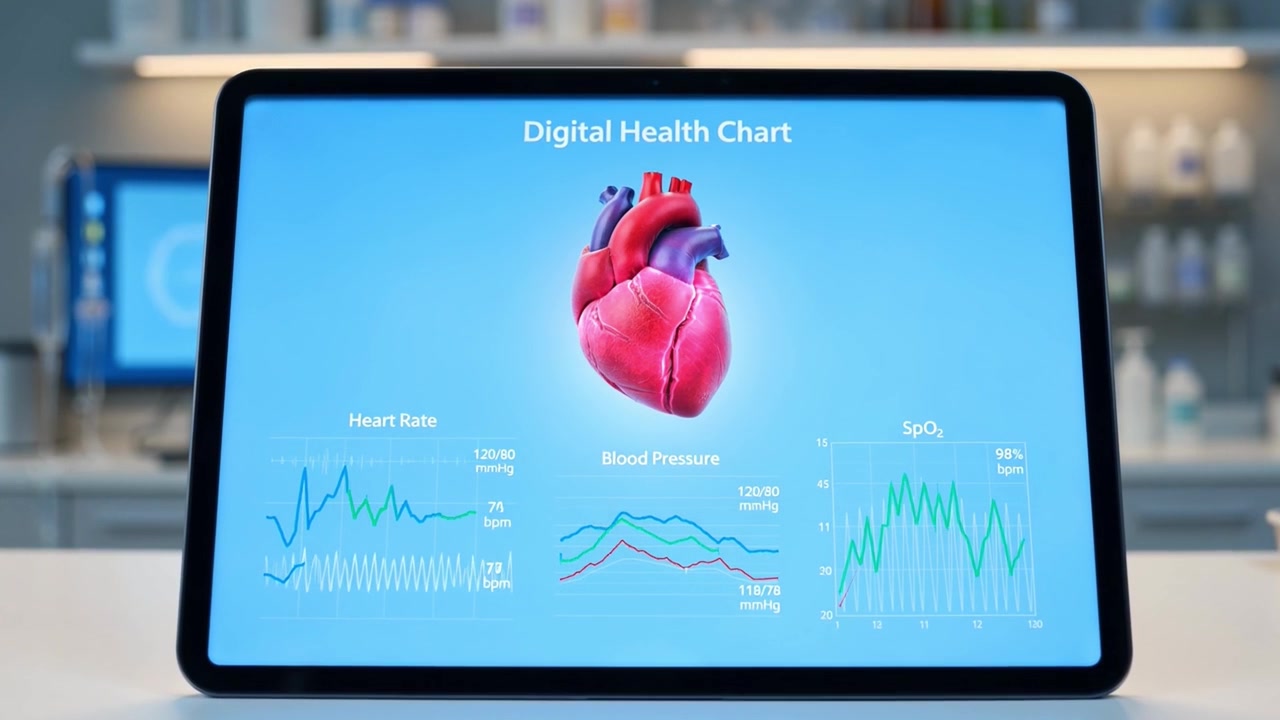 Grafico digitale della salute che mostra il cuore umano e i segni vitali su tablet