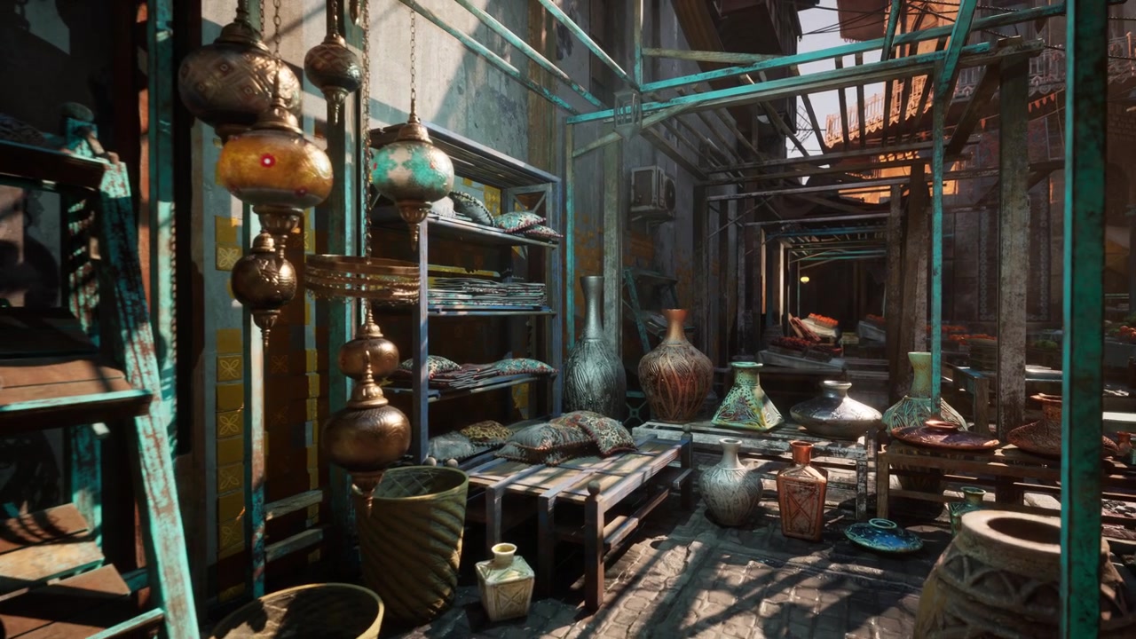 Vivace mercato artistico animato da percorsi commerciali di ceramiche colorate