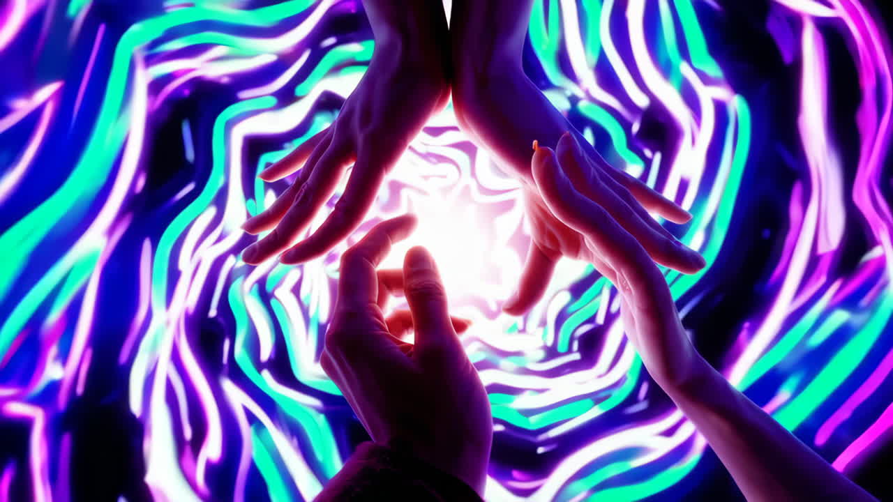 Mani che si protendono verso un nucleo energetico luminoso tra luci al neon astratte