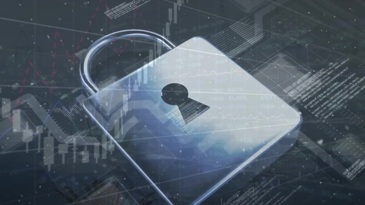 Animation of graphs, data processing and digital padlock over integrated circuit