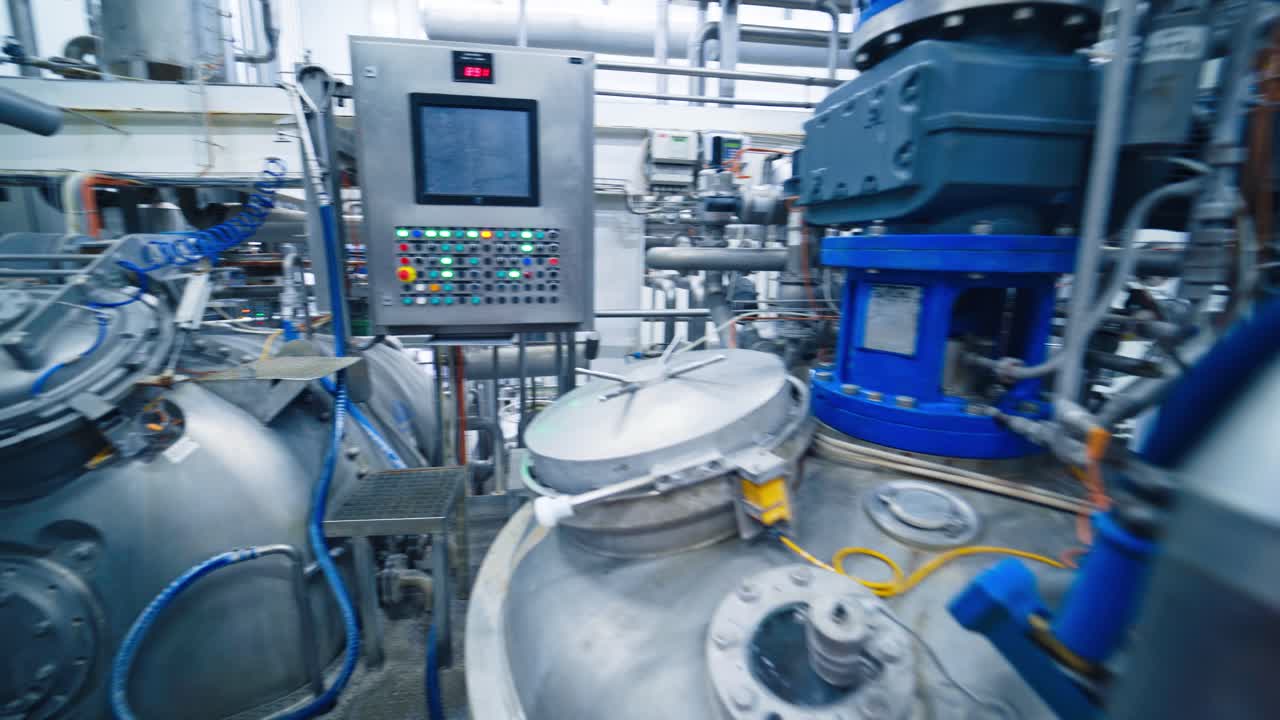 Equipment at dairy plant. View of the interior of a milk factory
