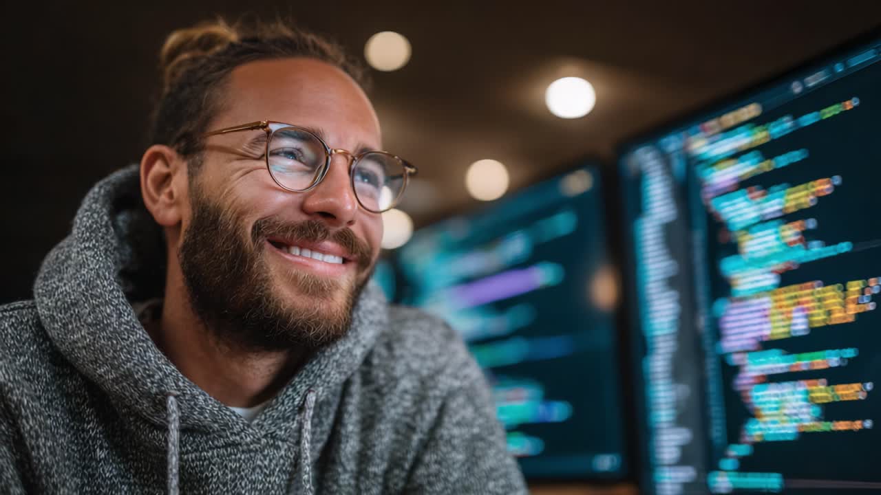 Smiling Programmer Working on Code with Two Monitors Displaying Colorful Programming Languages and Digital Data in a Cozy Workspace Environment