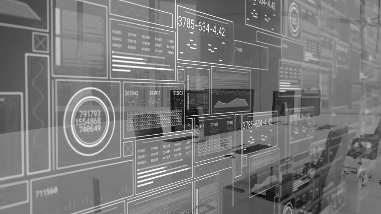 Animation of data processing over office desks with computers