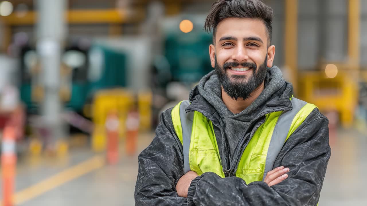 A Cheerful Construction Worker in Safety Gear, Posing Confidently with a Smile Amidst Industrial Equipment in a Busy Warehouse Environment