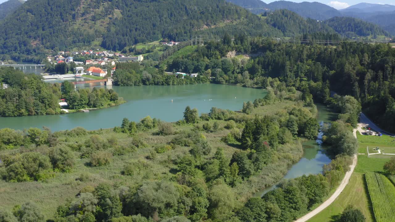 Hydro Power Plant and Lake Dravograd. Panoramic view of lush nature