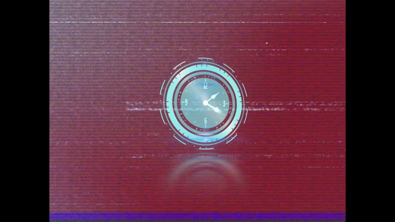 Animation of clock running on red digital interface with glitch effect