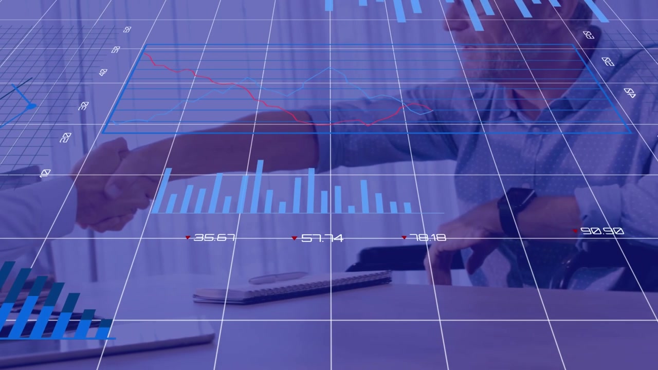Animation af finansiel databehandling over forretningsmænds håndtryk på kontor
