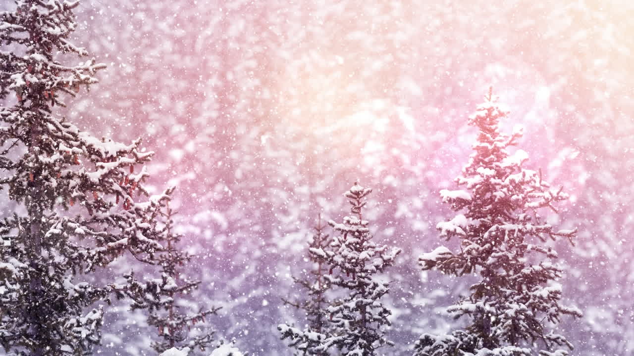 Digital animation of spots of light against snow falling trees on winter landscape