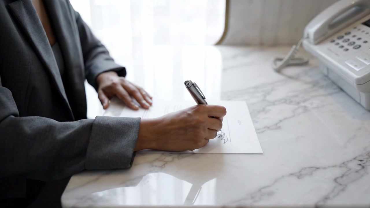 Un individuo concentrato esamina e firma un documento su una scrivania di marmo, evidenziando l'importanza della professionalità e dell'attenzione ai dettagli nei compiti amministrativi.