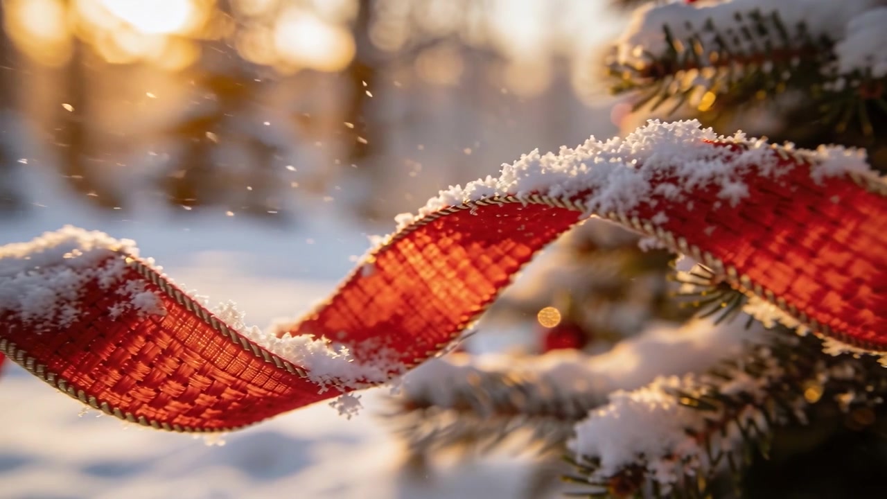 Nastro rosso intrecciato che ondeggia, mosso da una leggera brezza su un ramo sempreverde all'ora d'oro, con la neve.