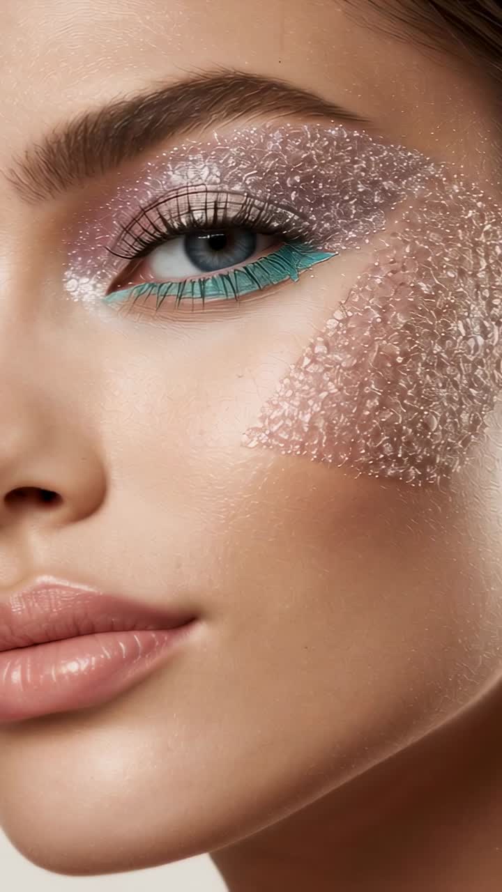 Video verticale: Modella truccata sorridente che risponde alle indicazioni del regista in studio, con eyeliner color ottanio e glitter.