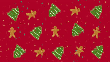 traditional christmas pattern with christmas trees, gingerbread men moving against red background