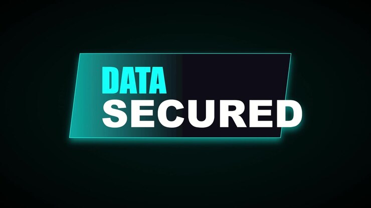 Glowing cyan neon interface panel displays DATA SECURED text over black background
