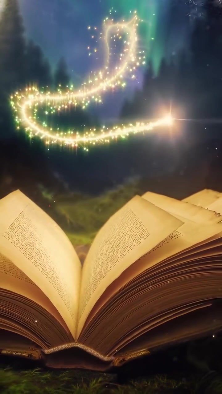 Libro magico aperto con particelle dorate luminose in una foresta incantata