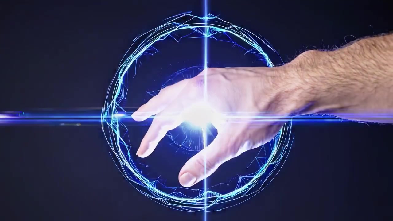 Mano umana con un cerchio di energia digitale futuristico.