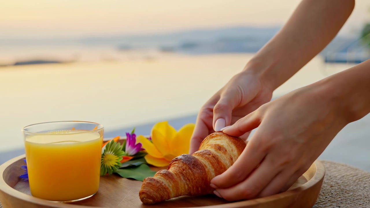 Primo piano di mani che sistemano un croissant dorato su un vassoio di legno accanto a succo d'arancia e fiori freschi, con una vista sull'oceano leggermente sfocata nella calda luce del mattino
