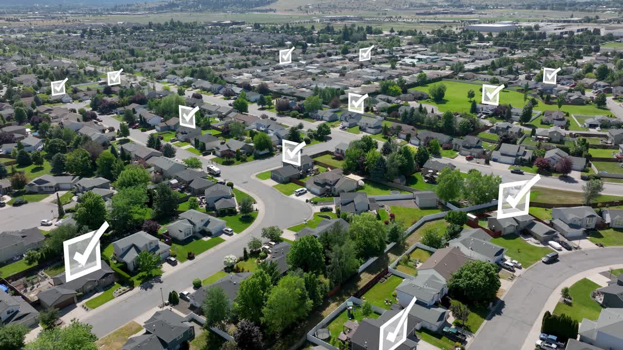 Aerial view of a suburban American neighborhood with white checkmarks animating over houses