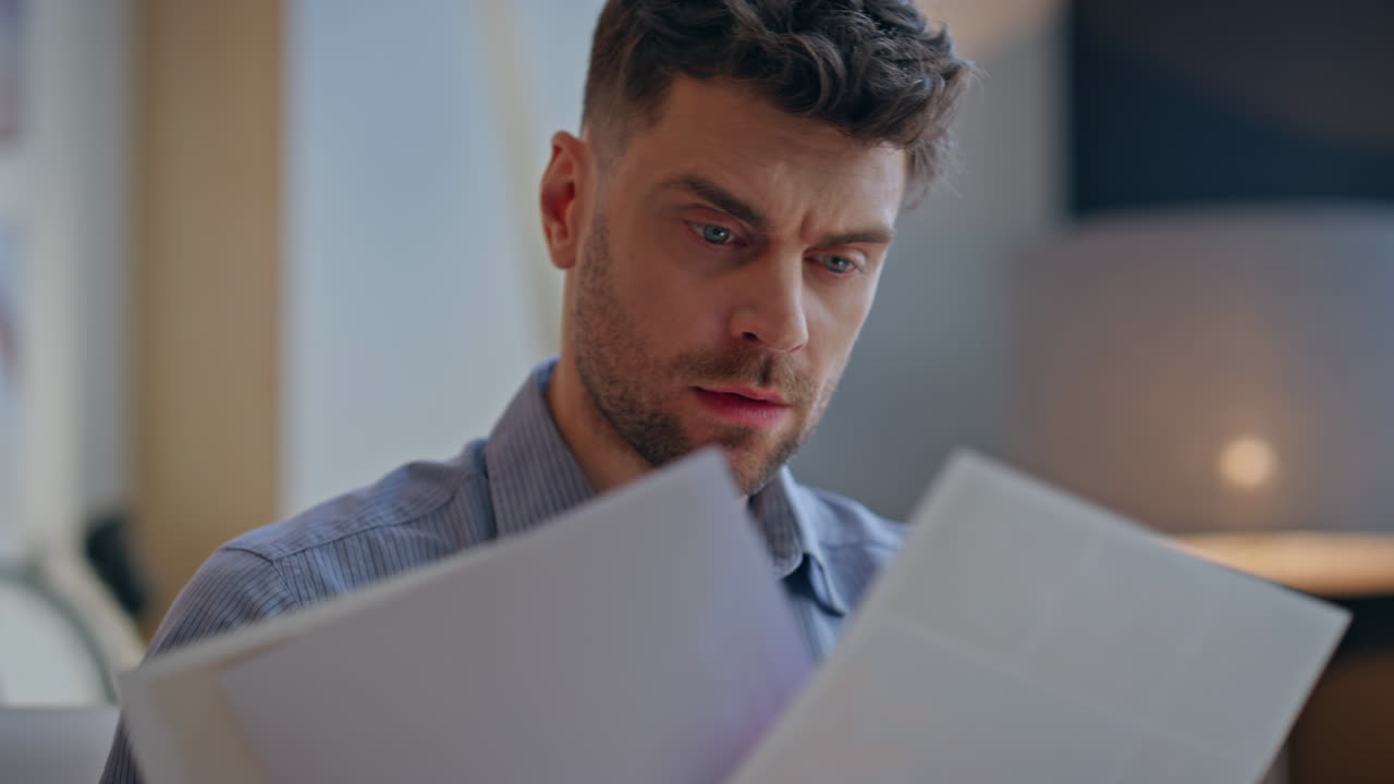 Frowning designer examining sketches at modern workspace closeup. Serious guy