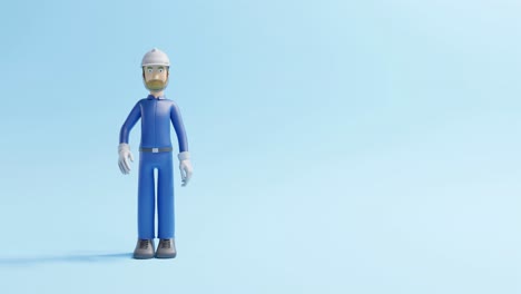 animación 3d de un trabajador masculino en un mono lue agitando la mano en un fondo azul claro