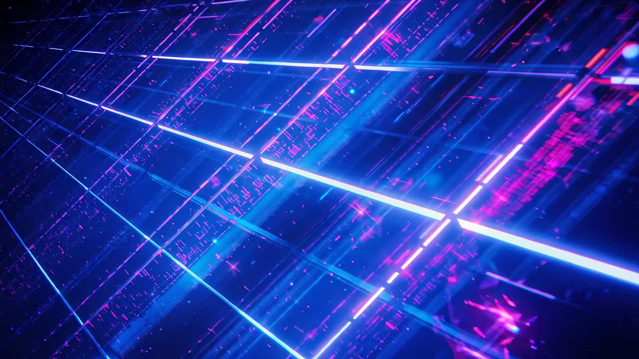Starting camera panning over neon grid, revealing sliding cyan purple beams and flickering glyphs