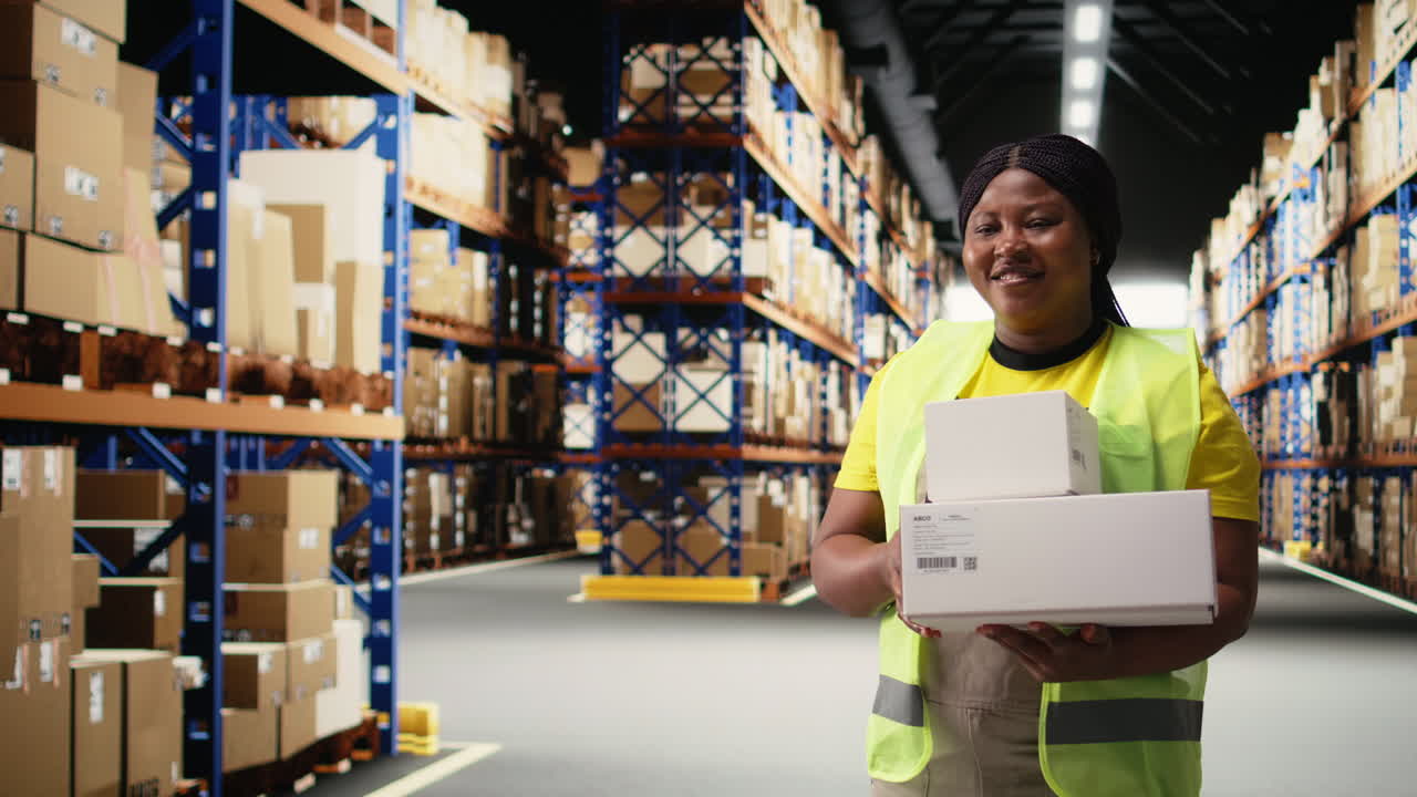 Vertical Video Portrait of african american worker checking packed boxes and labels