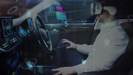 animación de pantallas de información con auriculares man in vr utilizando un coche de conducción autónoma