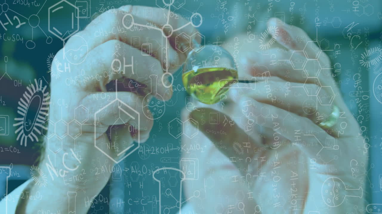 tubo de ensayo, científico con fórmulas químicas animación sobre el fondo de laboratorio