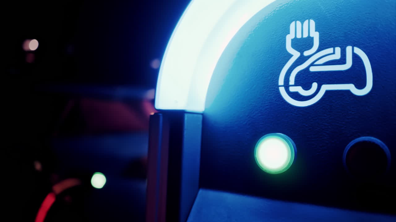 Close up of an illuminated, electric car charging station at night