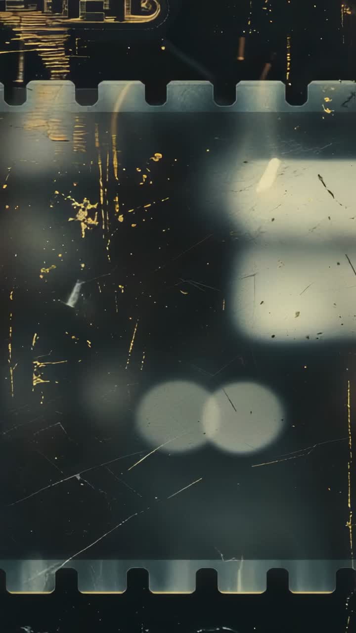 Vertical video: Starting film strip showing sprocket holes in projector gate, creating nostalgia