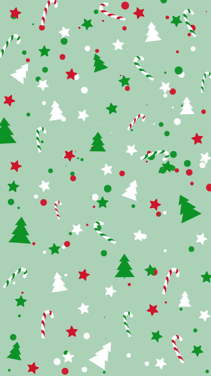Winter holiday pattern with candy cane, christmas tree and snowflakes on green background. Loop animation. Vertical video.