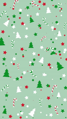 winter holiday pattern with candy cane, christmas tree and snowflakes on green background. loop animation. vertical video.