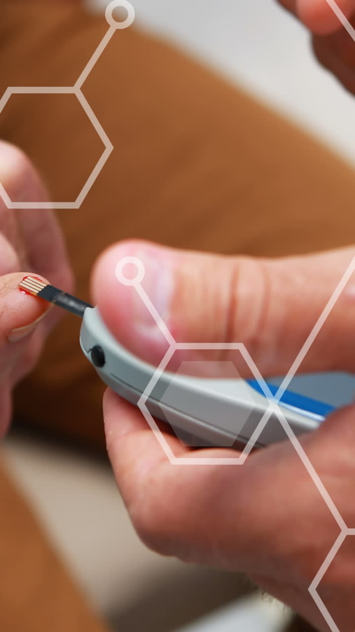 Animation of chemistry formulas test over patient using glucose meter