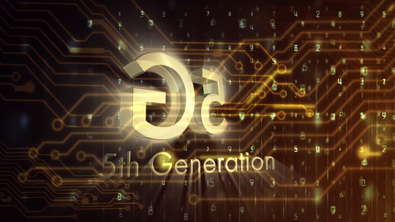 animación de texto de 5g 5a generación sobre elementos y números de placas de circuitos brillantes cambiando