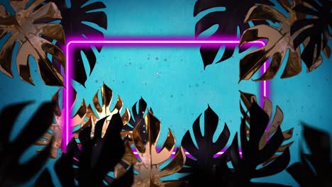 animation of copy space and neon frame over leaves on blue background