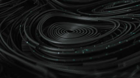 black topographic circular lines with running matrix code