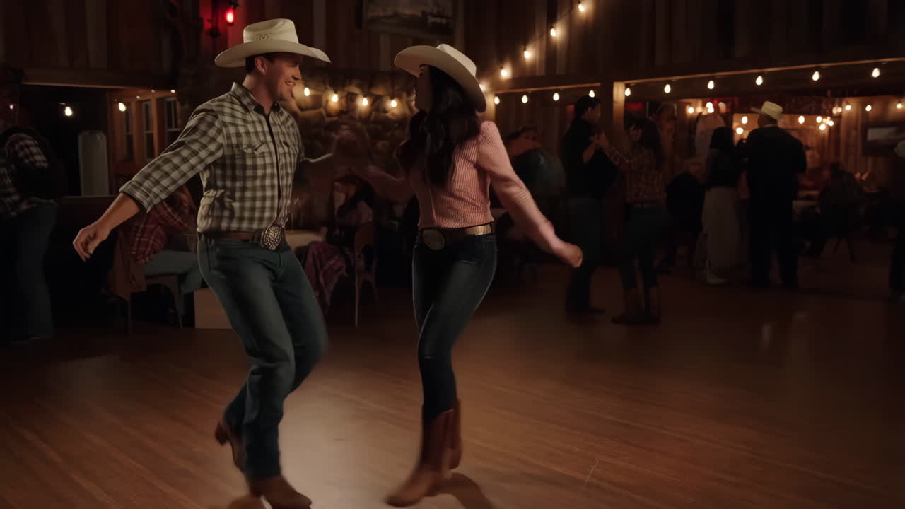 A couple dancing at a lively country-themed event