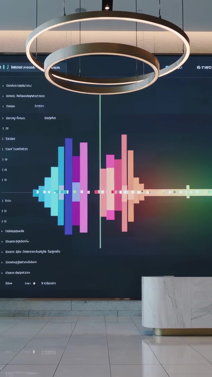 Vertical video: Starting display, waveform evolving across lobby with pendant rings and marble desk
