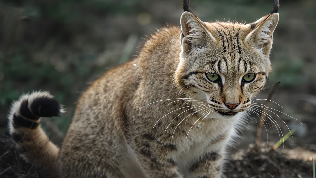 Turning wildcat-like feline responding to attention shift, rotating head to face camera at field