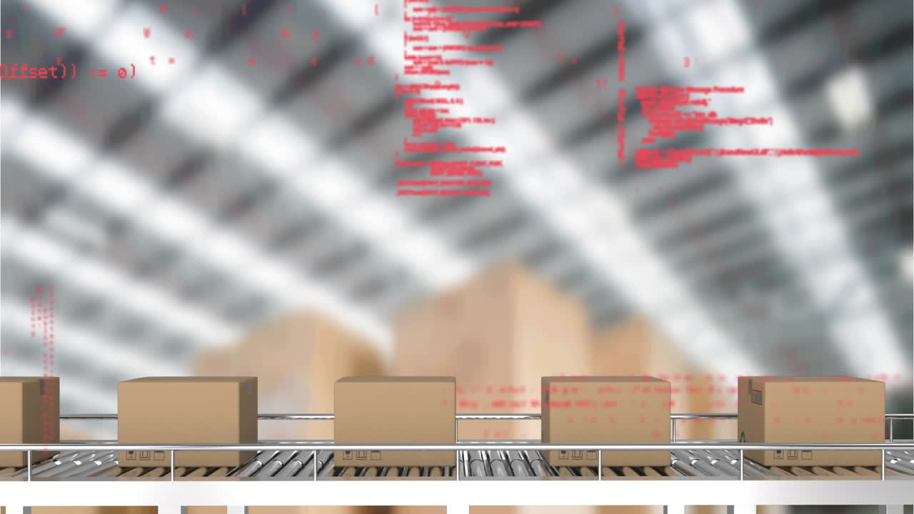 상자를 가진 컨베이어 벨트 위에서 통계 처리의 애니메이션