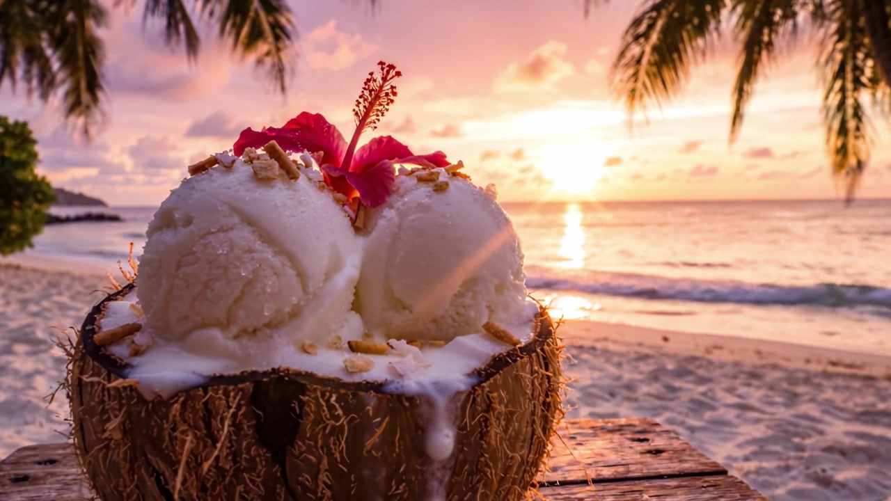 Concediti un tramonto tropicale con gelato al cocco: un bellissimo rifugio isolano catturato in due splendide inquadrature, con atmosfere paradisiache e deliziose prelibatezze.