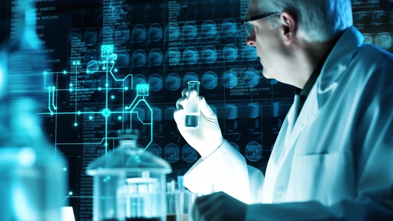 Scienziato concentrato che esamina campioni in un laboratorio di ricerca futuristico